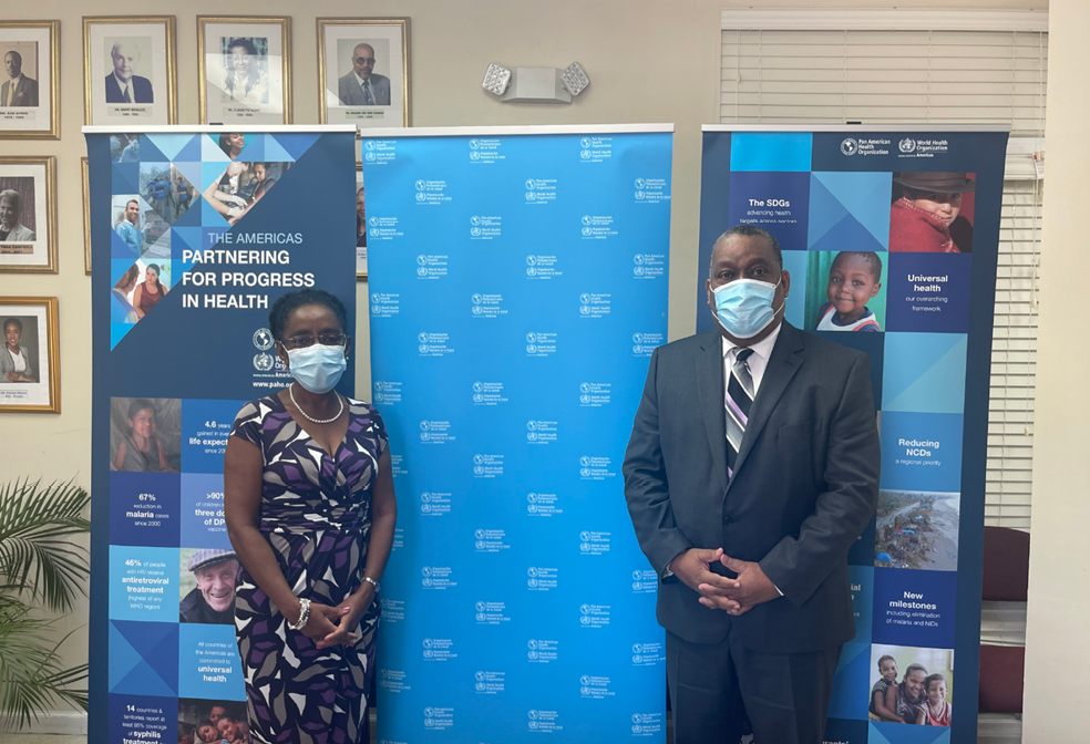 Resident Coordinator Dr. Garry Conille and Dr. Eldonna Boisson, PAHO/WHO Country Representative for The Bahamas, share a photo.