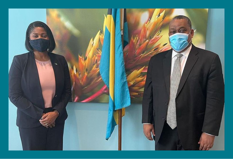 Resident Coordinator Dr. Garry Conille with the Hon. Pakesia Parker-Edgecombe, Minister of State for Disaster Preparedness, Management, and Reconstruction.