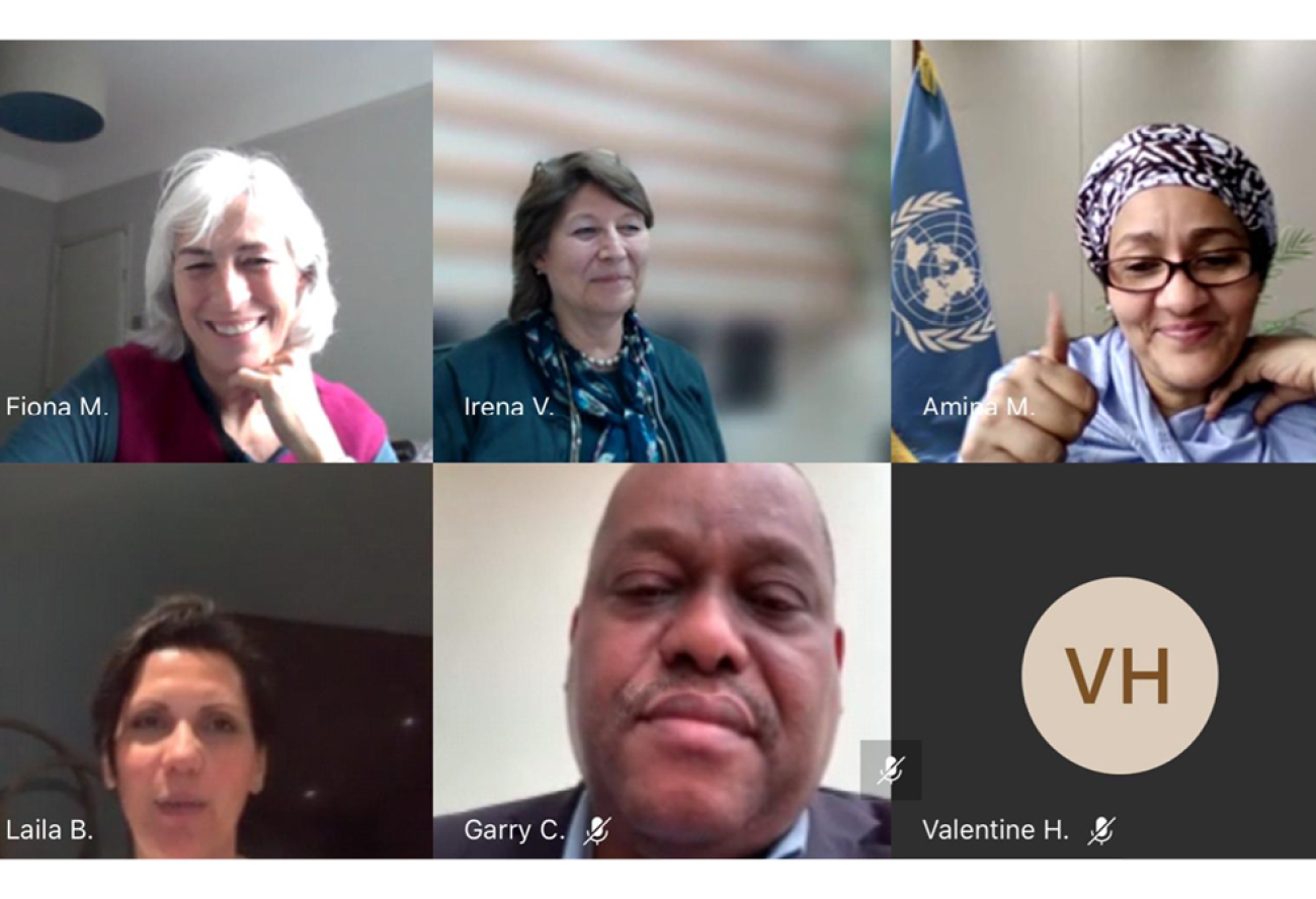 A screenshot of the virtual meeting with the Deputy Secretary-General of the United Nations, Amina J. Mohammed and newly-appointed Resident Coordinators: Garry Conille of, Fiona McCluney of Albania, and d Irena Vojáčková-Sollorano  of Iraq. The meeting was held on September 2, 2021. 