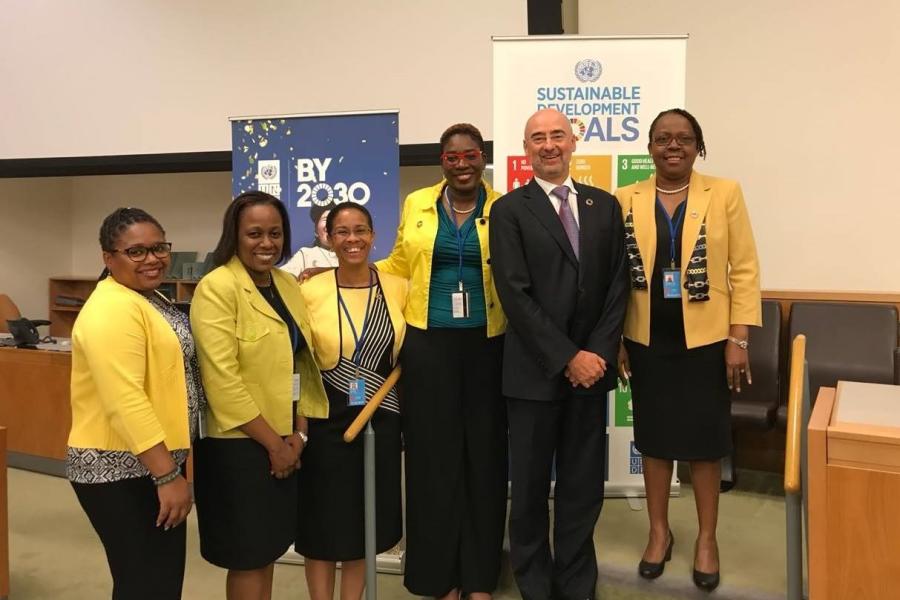 UNDP Resident Representative and UN Resident Coordinator to Jamaica, Bruno Pouezat, surrounded by Team Jamaica at United Nations Headquarters during the High level Political forum on the Sustainable Development Goals