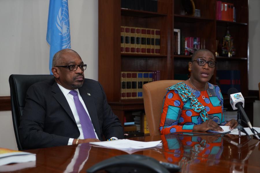 Hubert Alexander Minnis Bahamian Prime Minister (L) with Denise Antonio, UNDP Resident Representative 