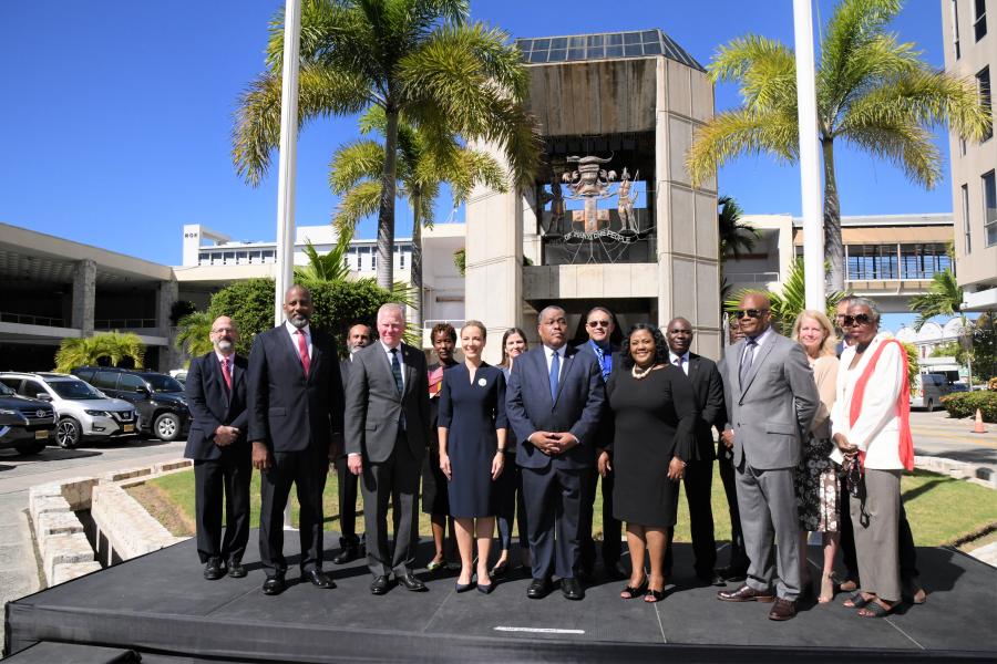 Minister of Foreign Affairs and Foreign Trade, Senator the Hon. Kamina Johnson Smith (third left), along with (from left) Director General, Planning Institute of Jamaica (PIOJ), Dr. Wayne Henry; Secretary-General, International Seabed Authority, Michael Lodge; United Nations (UN) Resident Coordinator, Dr. Garry Conille; Member of Parliament, St. Catherine East Central, Natalie Neita Garvey; and Minister of State in the Ministry of Foreign Affairs and Foreign Trade, Senator Leslie Campbell