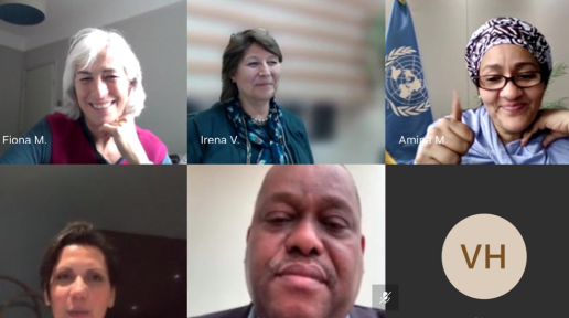 A screenshot of the virtual meeting with the Deputy Secretary-General of the United Nations, Amina J. Mohammed and newly-appointed Resident Coordinators: Garry Conille of, Fiona McCluney of Albania, and d Irena Vojáčková-Sollorano  of Iraq. The meeting was held on September 2, 2021. 