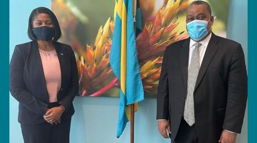 Resident Coordinator Dr. Garry Conille with the Hon. Pakesia Parker-Edgecombe, Minister of State for Disaster Preparedness, Management, and Reconstruction.