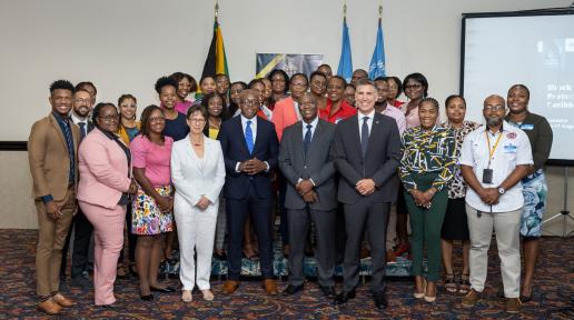 Minister of Labour and Social Security Pearnel Charles Jr join Resident Coordinator ai Richard Amenya and other members of the UNCT on the heels of the WFP's signature Shock-Responsive Social Protection Training